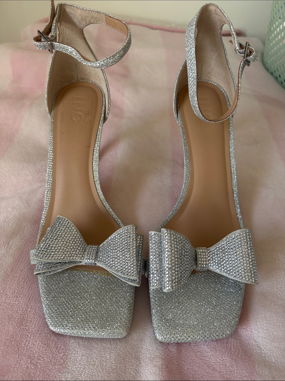 INC International Concepts Silver Glitter Bow Ankle-Strap Heels with Open Toe